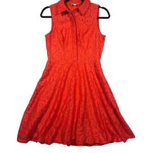Y2K New York & Company Lace Fit & Flare Dress Women 4 Sleeveless Collared Orange
